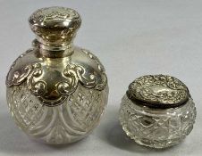 SILVER TOPPED GLOBULAR GLASS SCENT BOTTLE and a silver topped dressing table pot, Birmingham 1908,