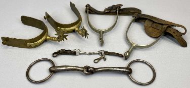 EQUESTRIAN INTEREST - Early 20th Century stirrups, brass spurs with Maltese Cross style rowels