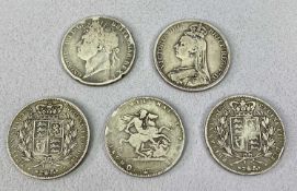 GEORGE III 1820 & LATER SILVER CROWNS X 5, other silver and half silver coinage, collectable