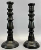 PAIR OF RARE WELSH TURNED SLATE CANDLESTICKS with circular bases, 31.5cms H