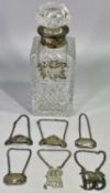 GEORGE III & LATER SILVER & WHITE METAL DRINKS DECANTER LABELS and a cut glass square decanter and