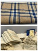 VINTAGE IRISH WOOLWORK BLANKET - fringed blue, beige check, 170 x 140cms (providence: Fox Ford