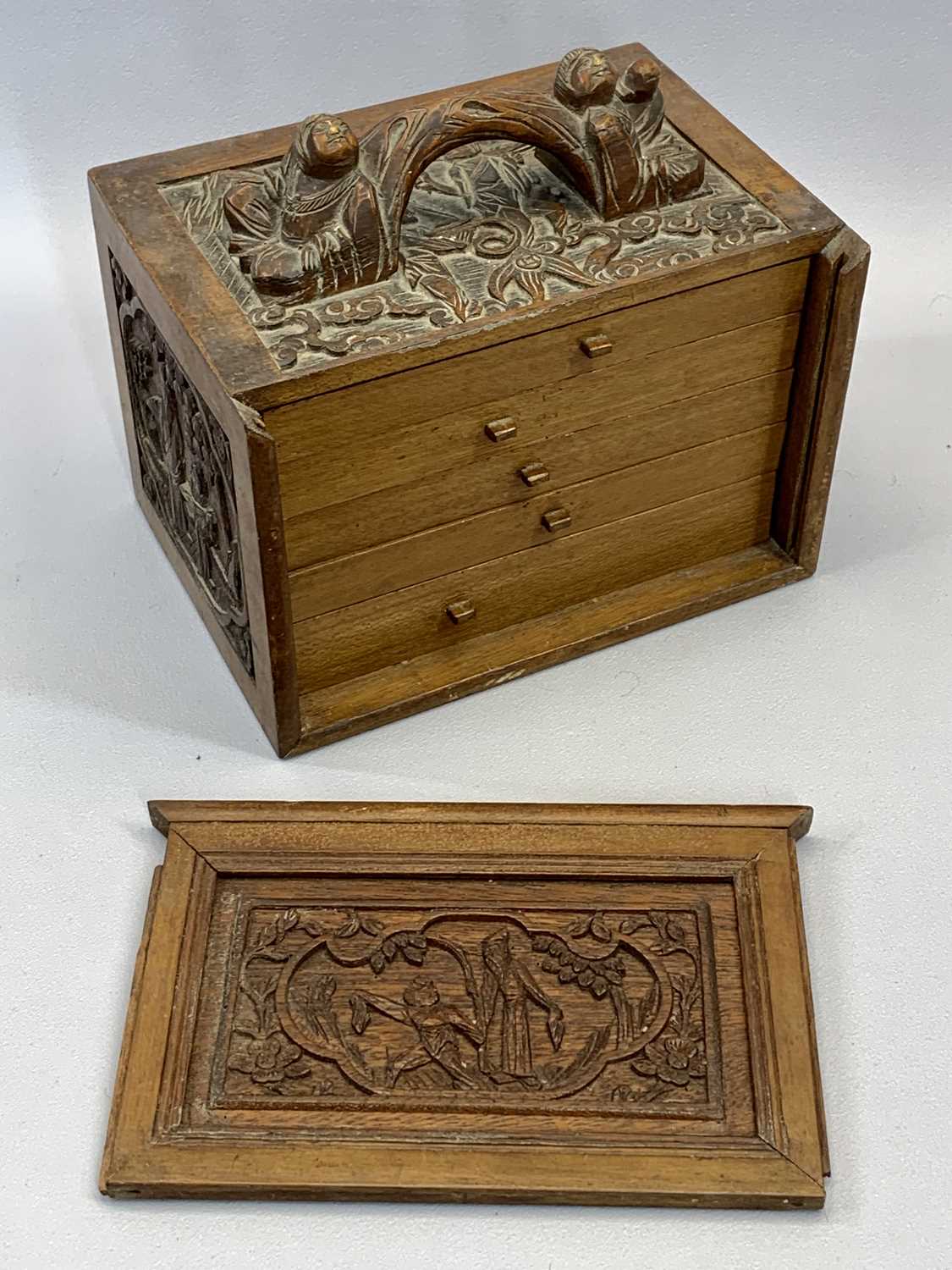 CHINESE MAH-JONG SET - in carved hardwood case, sliding door enclosing five drawers, 20cms H, - Image 2 of 3