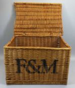 LARGE FORTNUM & MASON WICKER HAMPER - with side handles, monogrammed to the front 'F & M', 35cms