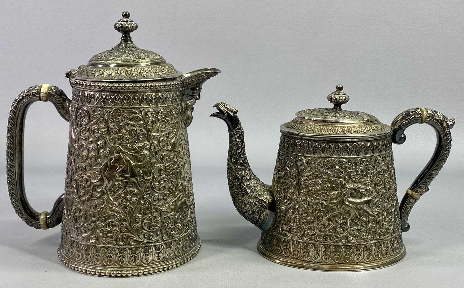 BURMESE STYLE WHITE METAL TEAPOT - repousse chased design with animals hunting, scrolls and flowers, - Image 2 of 5