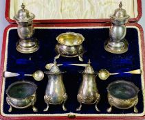7 PIECE SILVER CONDIMENT SET OF THREE CAULDRON SALTS, a pair of peppers and a pair of salts,