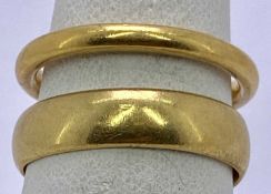 NARROW 22CT GOLD WEDDING BAND, Size P, 4.7grms and a wide unmarked gold wedding band, Size R, 5.