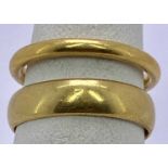 NARROW 22CT GOLD WEDDING BAND, Size P, 4.7grms and a wide unmarked gold wedding band, Size R, 5.