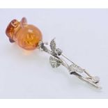 925 SILVER LEAF BROOCH - with authentic 'certified' amber rose to the top, 3.9grms