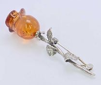 925 SILVER LEAF BROOCH - with authentic 'certified' amber rose to the top, 3.9grms