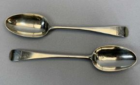 GEORGIAN OLD ENGLISH PATTERN SILVER SERVING SPOONS, A PAIR - engraved with dragon crests, London