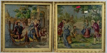 MACHINE WOVEN TAPESTRY PICTURES, A PAIR - one depicting figures and dogs by gondola, the other