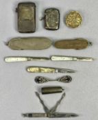 SILVER & OTHER BIJOUTTERIE ITEMS - two silver bladed mother of pearl pocketknives and two others,