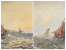 UNSIGNED circa 1900s watercolours, a pair - boats and ships in rough seas near shore, 28 x 49cms