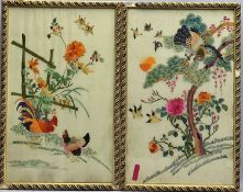 CHINESE WOVEN SILK PICTURES, A PAIR - depicting birds amongst flowers and trees, 71 x 42.5cms