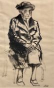 KAREL LEK print - a seated hatted lady, signed in full, 41 x 24cms