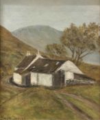 GWYN DAVIES oil on board - Welsh cottage in mountainous setting, signed lower left, 31 x 28cms