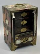 CHINESE HARDWOOD GLASS BOUND TABLE JEWELLERY CABINET - inset with pierced celadon jade panels, two