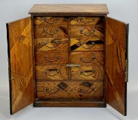 JAPANESE PARQUETRY INLAID TABLETOP CABINET, late Meiji/Taisho Period - two doors with engraved brass