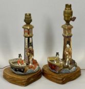 JAPANESE LAMPS (2) in the form of lighthouses with boats and Geishas, contemporary shades, 30cms H