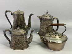 BURMESE STYLE WHITE METAL TEAPOT - repousse chased design with animals hunting, scrolls and flowers,