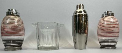 ART DECO GLASS COCKTAIL SHAKERS, A PAIR - the bodies with white and red bands, 20cms H, a Hugo