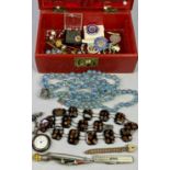 NEAT RED LEATHERETTE JEWELLERY BOX - with tray containing odd items of dress and other jewellery,
