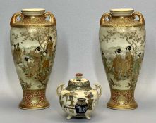 EARLY 20TH CENTURY SATSUMA TWO-HANDLED VASES, A PAIR - with painted and gilded multiple figure