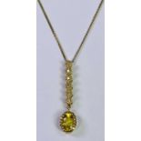 9CT GOLD OPEN SIDED PENDANT NECKLACE - with an oval facet cut yellow citrine drop under an inline