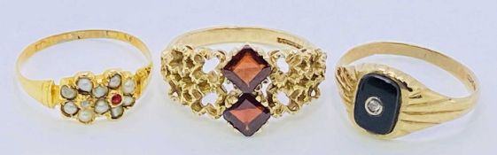 15CT GOLD DRESS RING - decorated with tiny seed pearls and one small ruby, Size N, 1.6grms, a 9ct