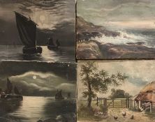 INITIALLED 'A W' 19th Century oil on canvas - farmyard scene, 20 x 25cms, three other similar period