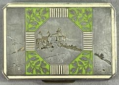 AUSTRO-HUNGARIAN ART DECO SILVER & ENAMEL CARD CASE - having an engraved Alpine Castle scene with