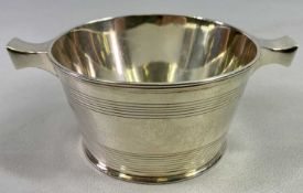 SILVER TWO-HANDLED HALF BARREL SHAPE SUGAR BASIN - London 1914, Maker Pairpoint Brothers, 6cms H,