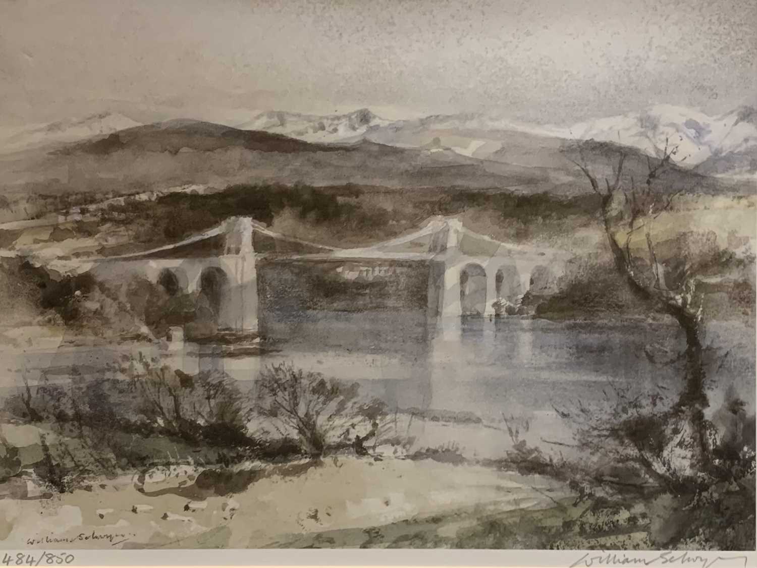 WILLIAM SELWYN coloured limited edition print (484/850) - Menai Straits Suspension Bridge and snow