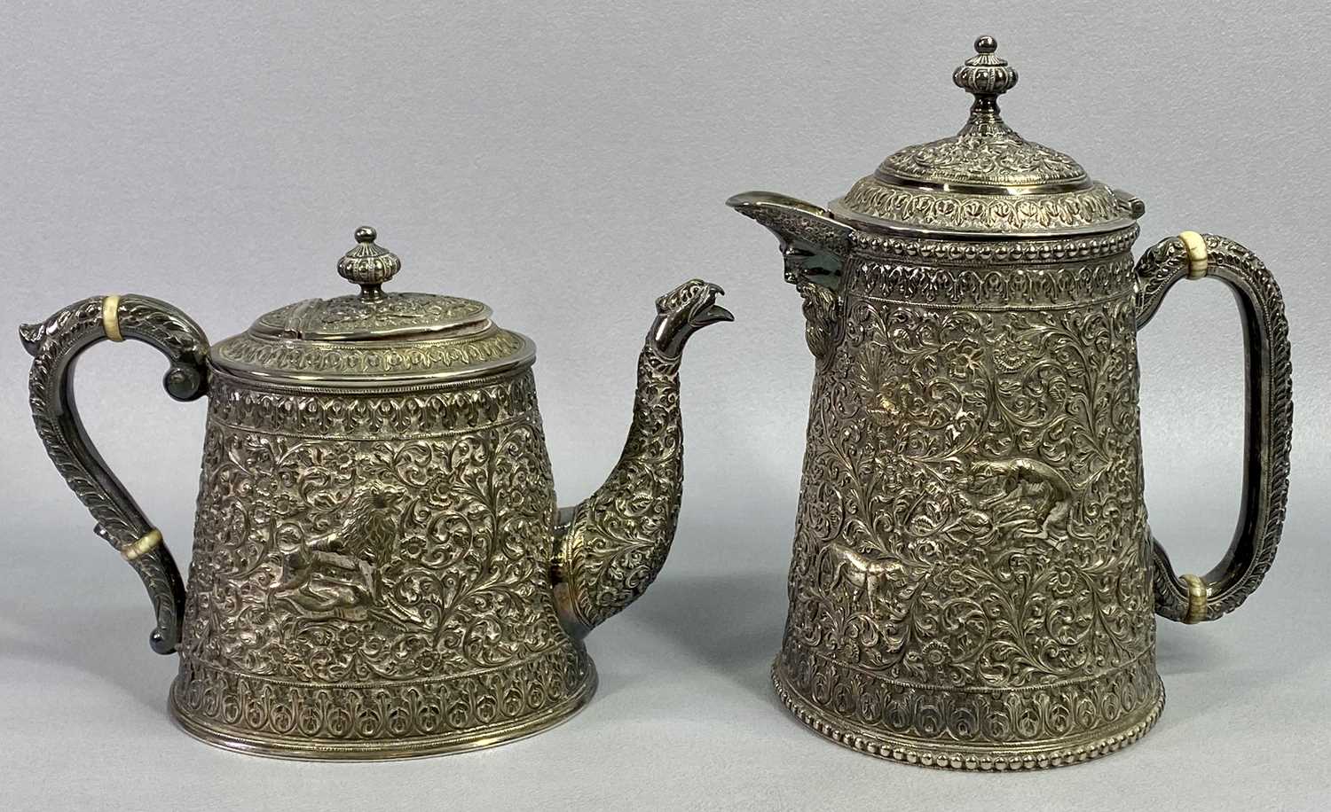 BURMESE STYLE WHITE METAL TEAPOT - repousse chased design with animals hunting, scrolls and flowers, - Image 3 of 5
