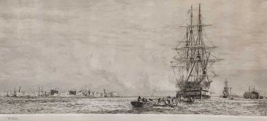 WILLIAM LIONEL WYLLIE (British 1851-1931) etching - typical shipping scene with city to the
