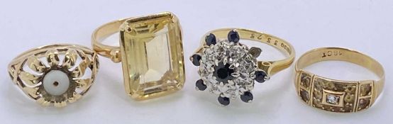 18CT GOLD DRESS RINGS (3) and one 9ct gold dress ring, the first stamped '750' with large smoky