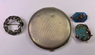 SILVER & ENAMEL/WHITE METAL BROOCHES (3) and a Birmingham 1946 engine turned silver lady's powder