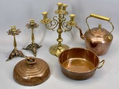ARTS & CRAFTS COPPER ON BRASS CANDLESTICKS (12), relief form, drip trays and pierced trefoil