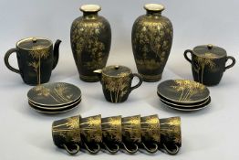 JAPANESE SATSUMA BLACK LACE TEA SERVICE - gilded bamboo shoots and leaves on a black ground, teapot,