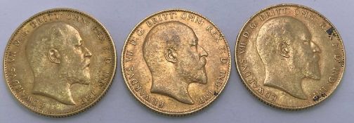 GOLD FULL SOVEREIGNS (3) - 1902, 1904 and 1909 (Edward VII), 24grms