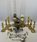 VICTORIAN BRASS CANDLESTICKS, 3 PAIRS, the tallest 22.5cms H, a brass anniversary clock under