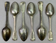 HARLEQUIN SET OF 6 FIDDLE THREAD PATTERN TABLESPOONS - London hallmarks including three Rat Tail,