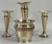 HALLMARKED SILVER VASES (4) - to include a ribbed collar example with flared rim, London 1907, Maker