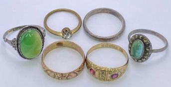 6 RINGS - 2 x 9ct gold patterned wedding bands, Sizes S and R, one with two garnets, total 4.5grms