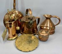VICTORIAN COPPER ITEMS - a hot water can with swing handle, 38cms H, copper flagon, 28cms H,