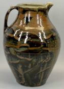 LARGE GERMAN STUDIO POTTERY JUG - with brown and green mottled slip glaze, loop handle, 40cms H