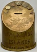MILITARIA - Falkland Island trench art money box, embossed with Falkland Island coins and engraved