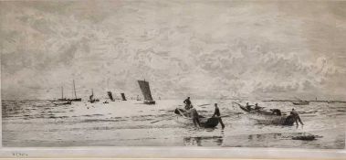 WILLIAM LIONEL WYLLIE etching - fishermen at shore and boats at sea, signed in pencil, 23 x 50cms