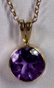9CT GOLD PRINCESS CUT CIRCULAR AMETHYST PENDANT - on a belcher chain necklace, the pendant